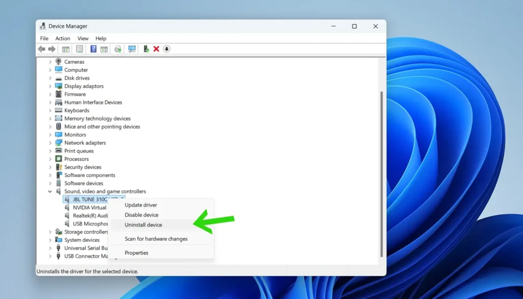 Right-click the audio device and select Uninstall device