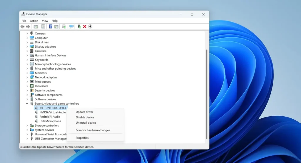 Right-click the audio device and select Update driver