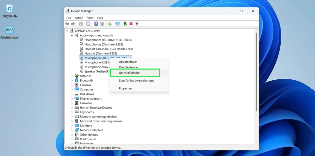 Right-click the device and select 'Uninstall device'