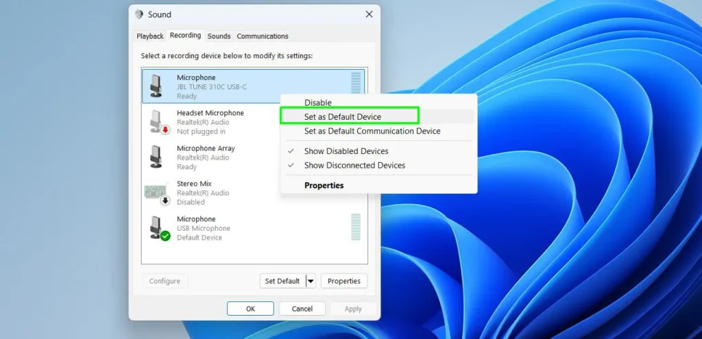 Right-click your preferred microphone and select Set as Default Device