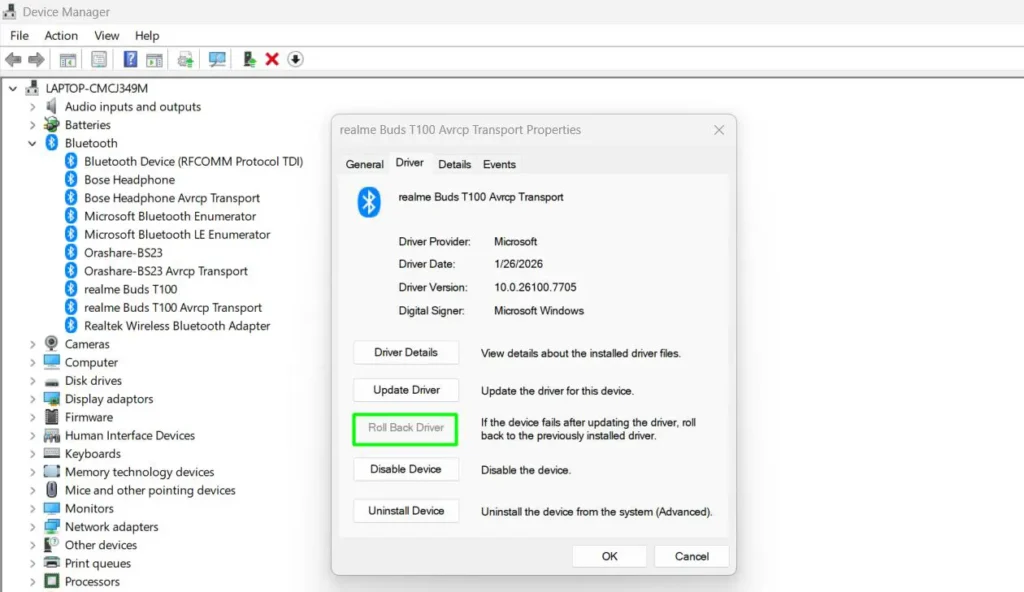 Rolling Back Problematic Bluetooth Adapter Driver thru Device Manager