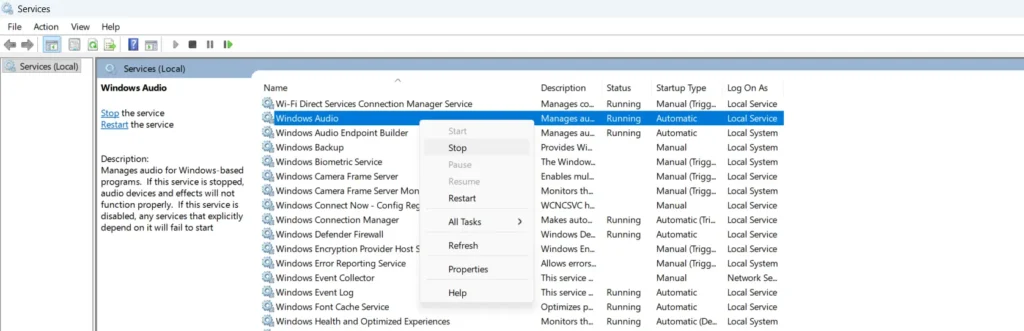 Scroll down to Windows Audio and double-click it. Click Stop, wait five seconds, then click Start