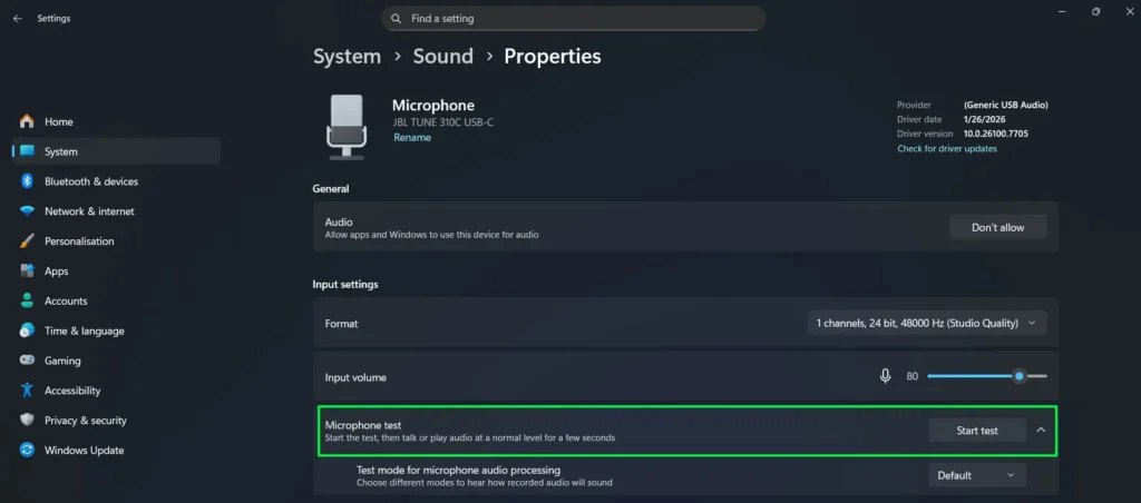 Scroll down to the ‘Microphone test’ section and click ‘Start test’