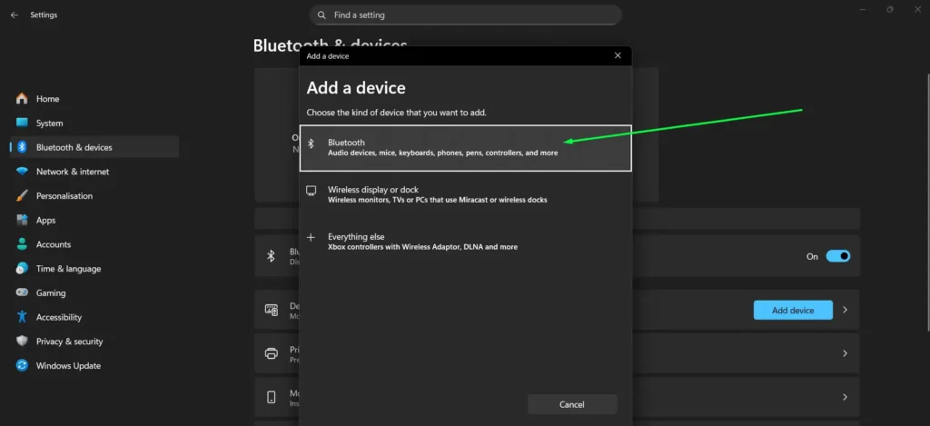 Select Bluetooth from the device type options