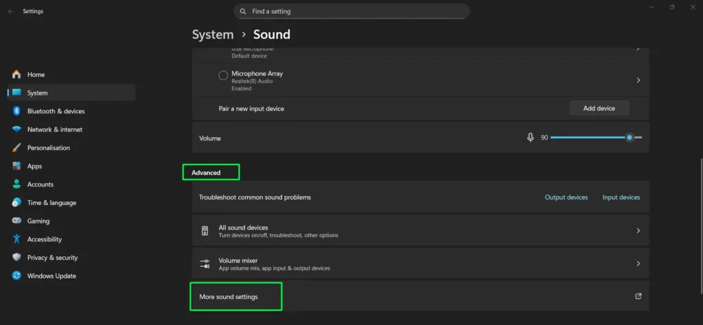 Select More Sound settings under the Advanced section