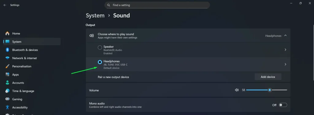 Select the device to use as the system default – for example, ‘Headphones’ or ‘Speakers’