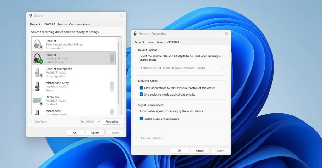 Set the Default Format to the highest supported sample rate, typically 16000 Hz (16 bit) for Bluetooth mics