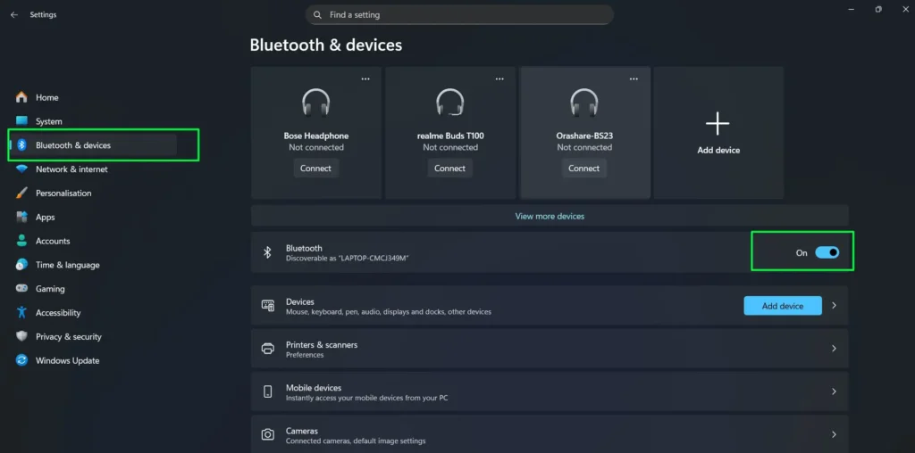 Start - Settings, then select Bluetooth & devices from the left sidebar (highlighted in green)