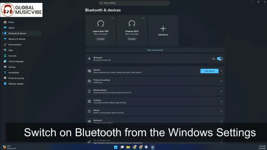 Switch on Bluetooth from the Windows Settings