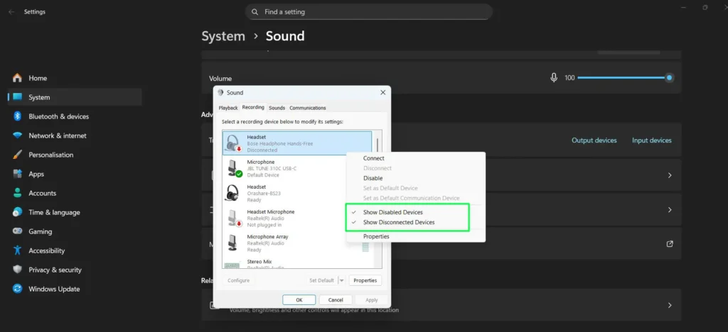 Switch to the 'Recording' tab Right-click in the empty space and check both 'Show Disabled Devices' and 'Show Disconnected Devices'