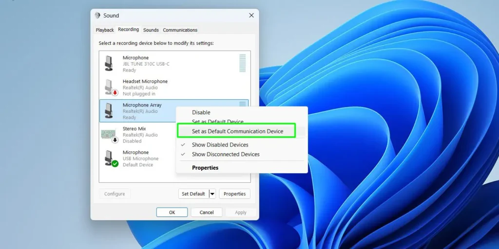To set a separate default for communication apps, right-click the microphone and select Set as Default Communication Device