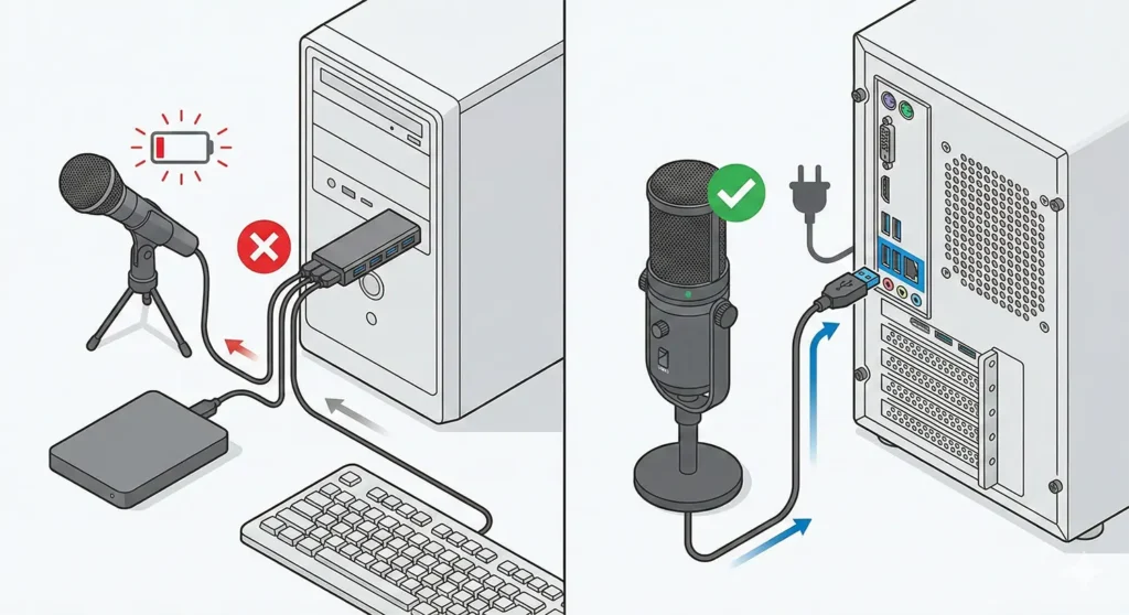 A diagram showing that plugging a USB microphone directly into the computer is correct, while using a hub with other devices is incorrect.