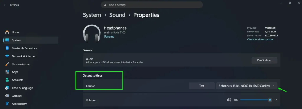 Under Output settings, locate the Format row. Click the dropdown on the right and select 2 channels, 16 bit, 48000 Hz (DVD Quality)