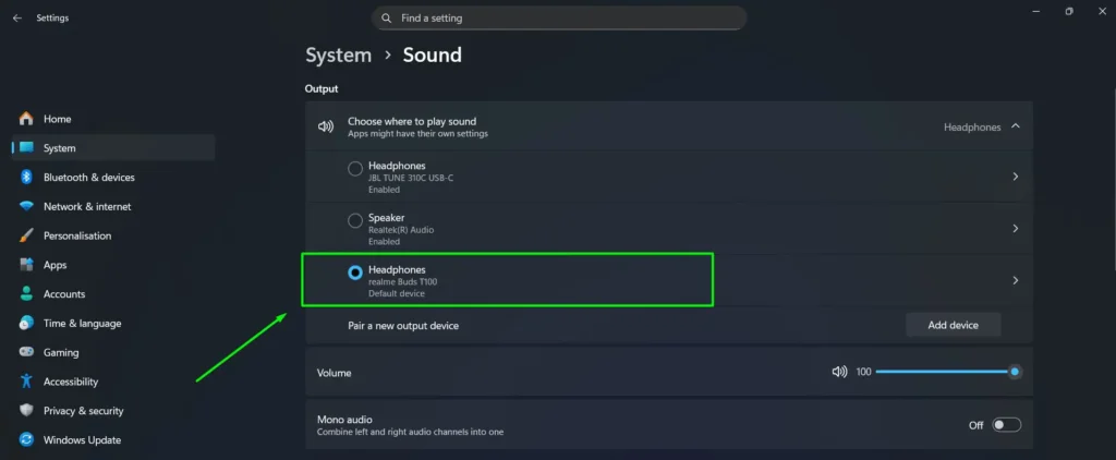 Under the Output section, choose your earbuds as the default playback device