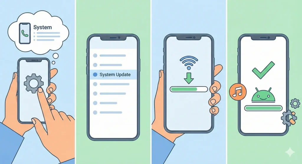 A four-panel illustration demonstrating the step-by-step process of navigating settings to download and successfully install a system update on an Android smartphone.