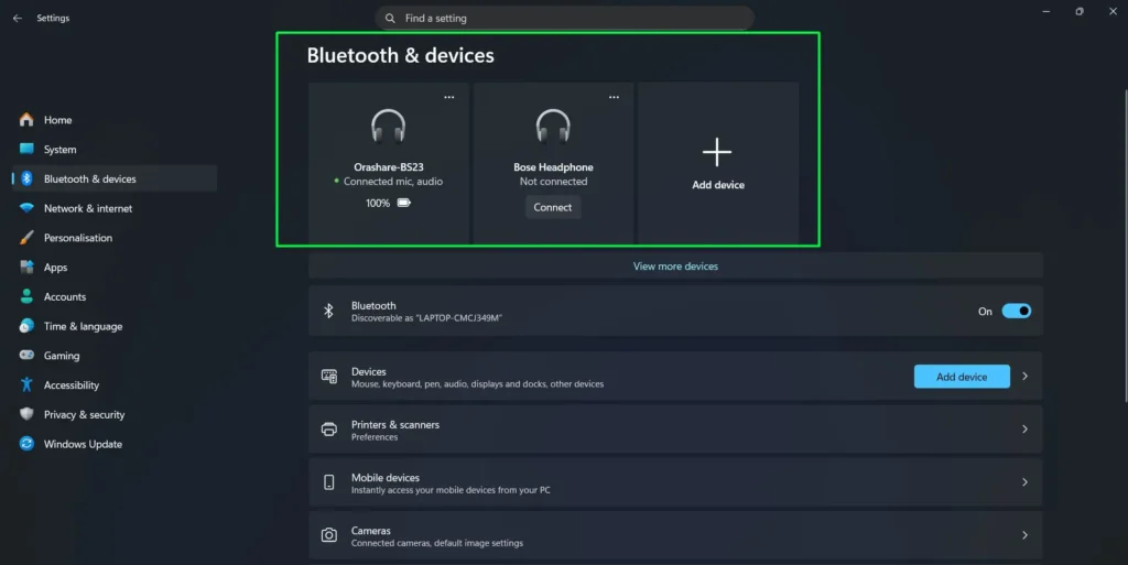 View all paired devices above the toggle switch. Connected devices show their current status