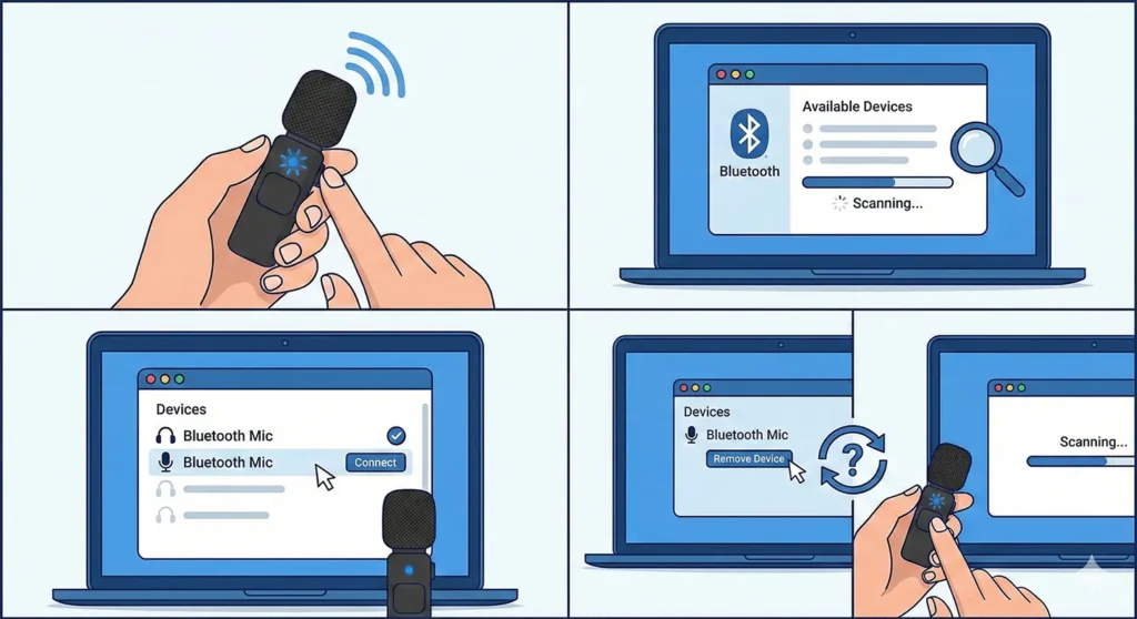 A four-panel diagram illustrating the steps to pair, connect, and re-pair a Bluetooth microphone with a laptop computer.