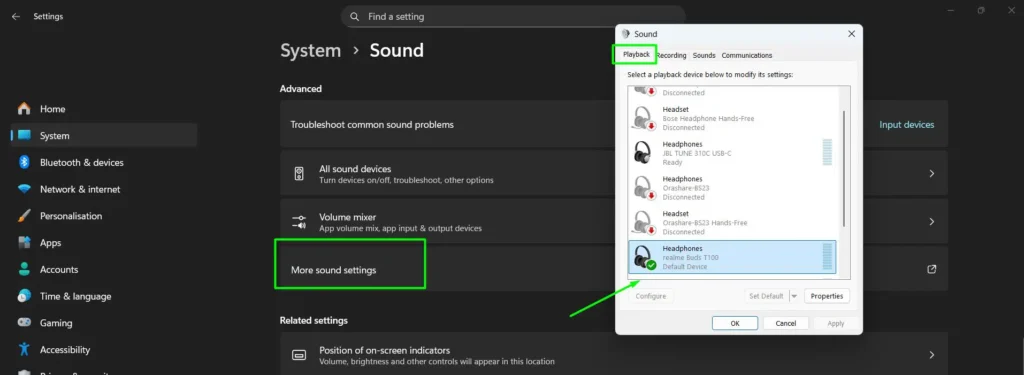 click More sound settings, go to the Playback tab, and ensure the Stereo option is selected for your earbuds