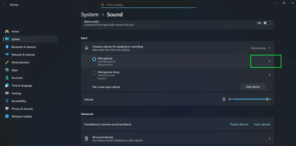 click on the arrow next to your selected input device to expand the device options.