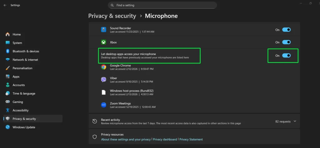 enable 'Let apps access your microphone' to allow Microsoft Store apps