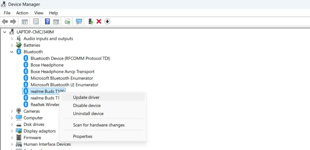 open Device Manager, expand Bluetooth, right-click your Bluetooth adapter, and select Update driver to get the latest firmware