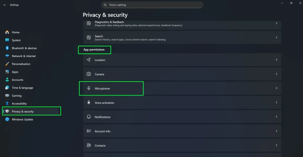 select Privacy & security and scroll down to the App permissions section, then click Microphone.
