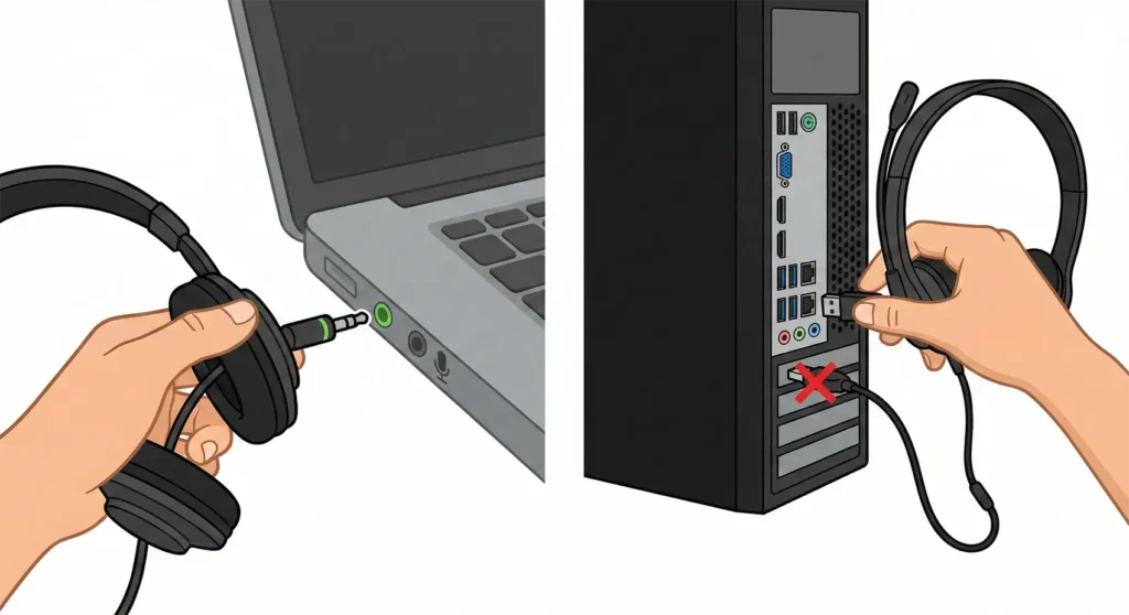 A split-screen illustration showing a user correctly plugging headphones into a laptop's green audio jack and a USB headset into a desktop computer's rear port.