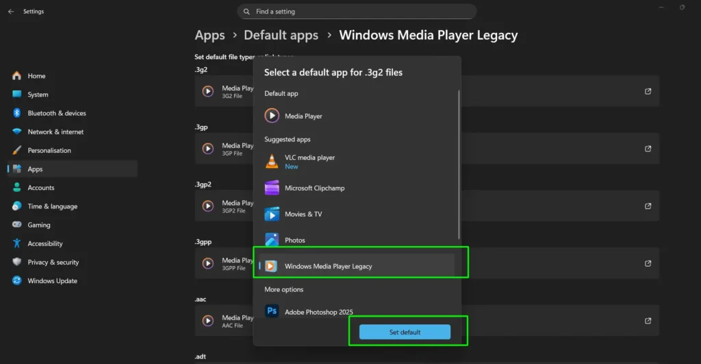 A list of file types will appear — click each one and choose ‘Windows Media Player’ as the default