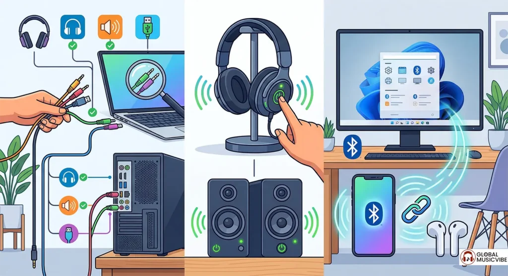 A three-panel illustration showing how to check physical audio cables on a PC, power on speakers or headphones, and verify Bluetooth pairing on Windows 11