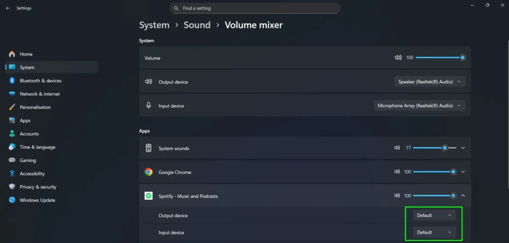 Adjust the Output device or Input device for specific apps by selecting the desired device from the dropdown menus next to each app