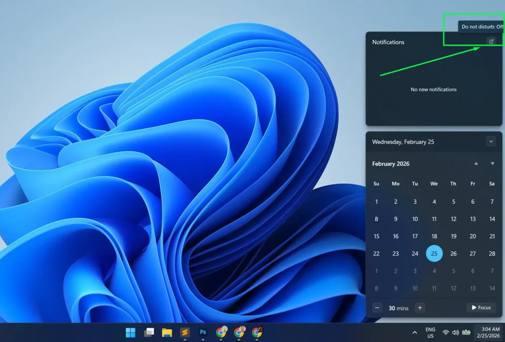 At the top-right of the notification panel, look for the Do not disturb icon