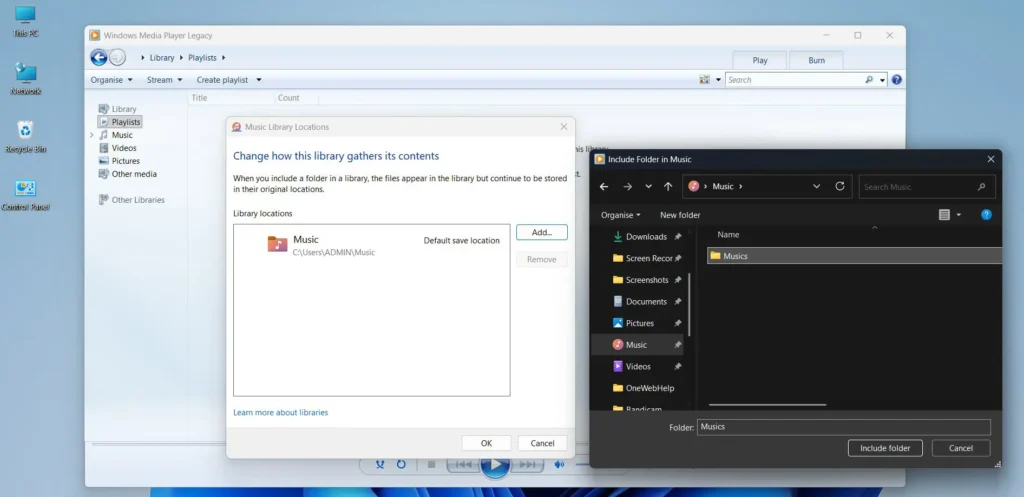 Browse to the folder where media files are stored and click ‘Include folder’