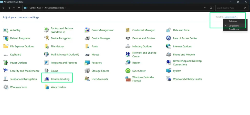 Change the 'View by' option in the top-right to 'Large icons' and Click on 'Troubleshooting'