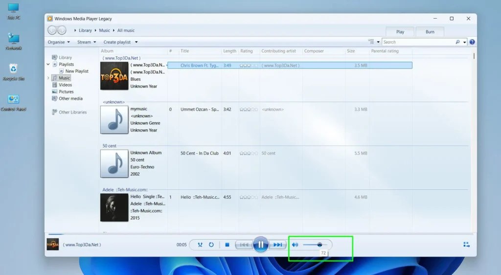 Check that the volume slider inside Windows Media Player is not set to zero or muted