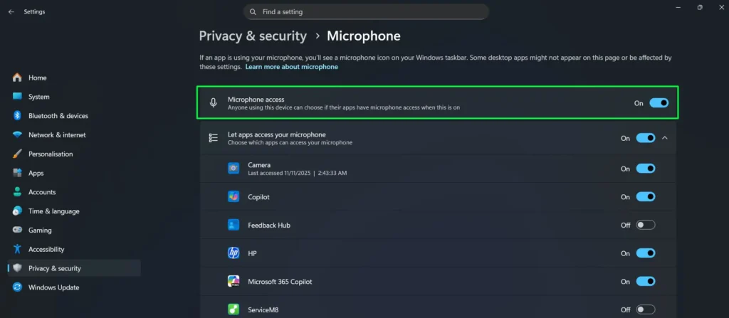 Check the status of the Microphone access toggle