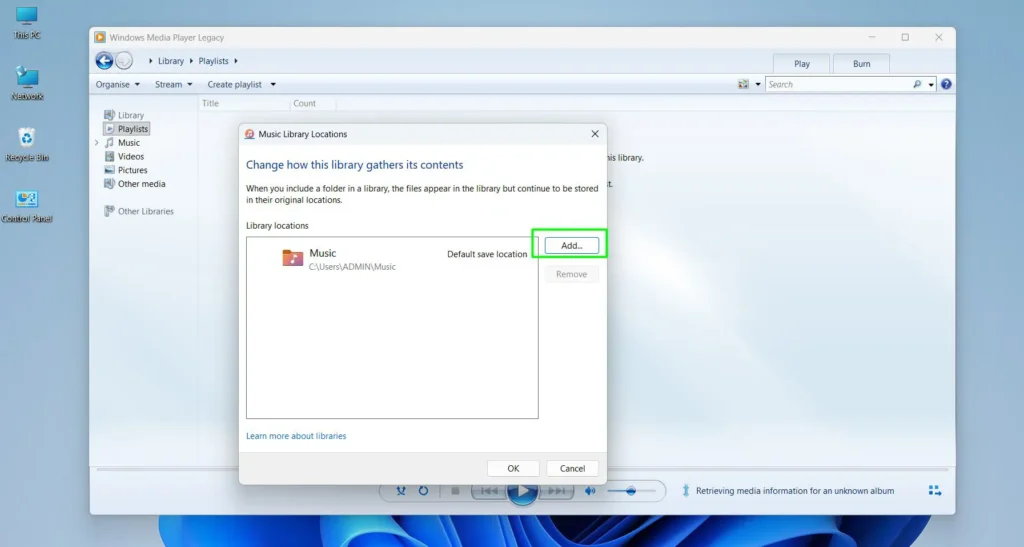 Click ‘Add’ to include a new folder location