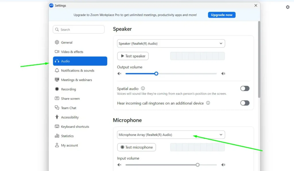 Click Audio in the left panel and Under Microphone, open the dropdown and select your correct input device