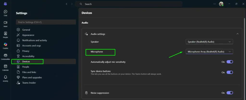 Click Devices in the left sidebar and Under Microphone, select your preferred microphone from the dropdown