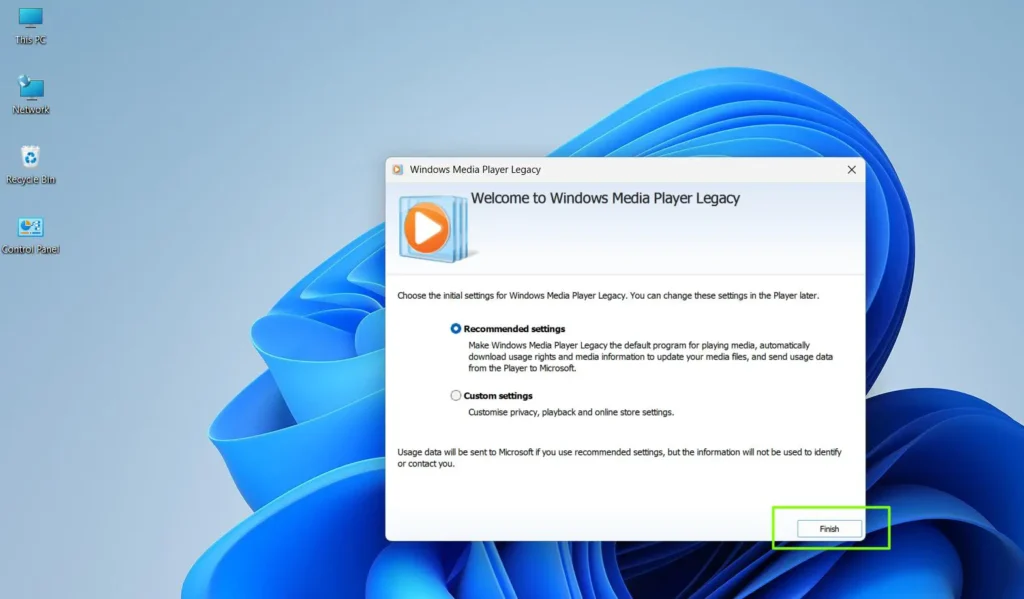 Click Finish to complete the initial setup