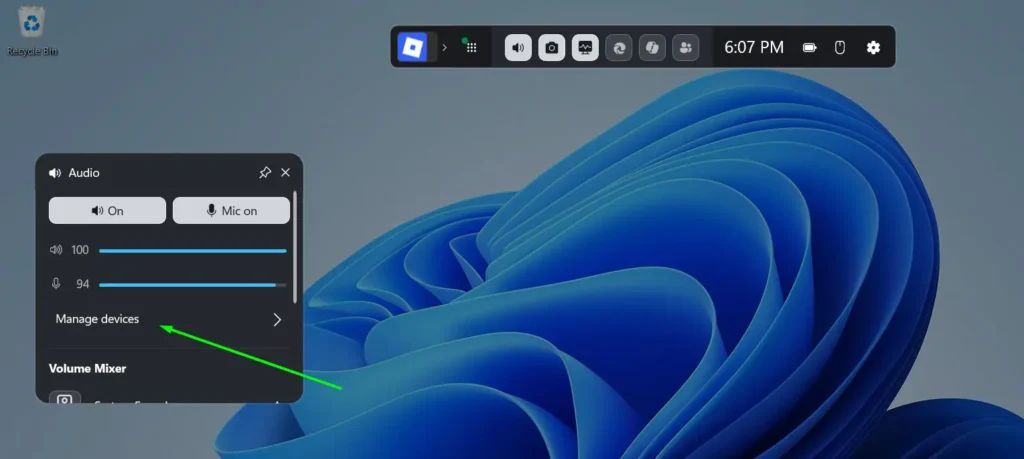 Click Manage devices on the right side of the Audio widget