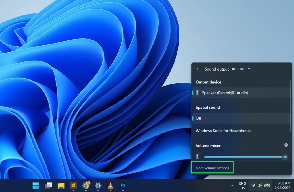 Click 'More volume settings' at the bottom of the panel