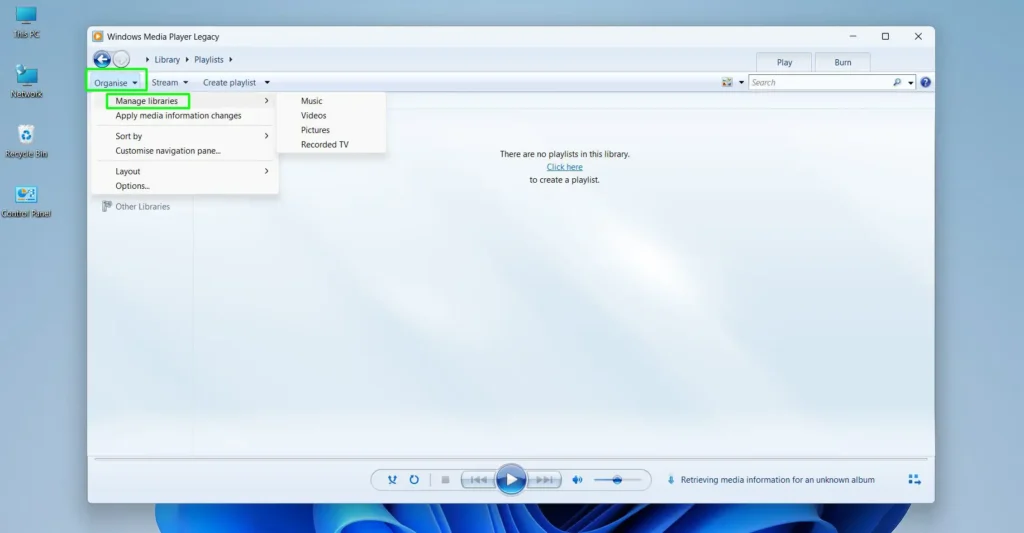 Click ‘Organize’ in the top-left toolbar, then select ‘Manage libraries’