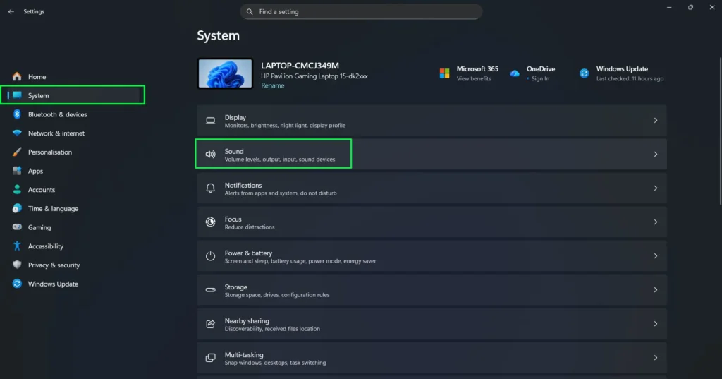 Click System in the left sidebar then Select Sound