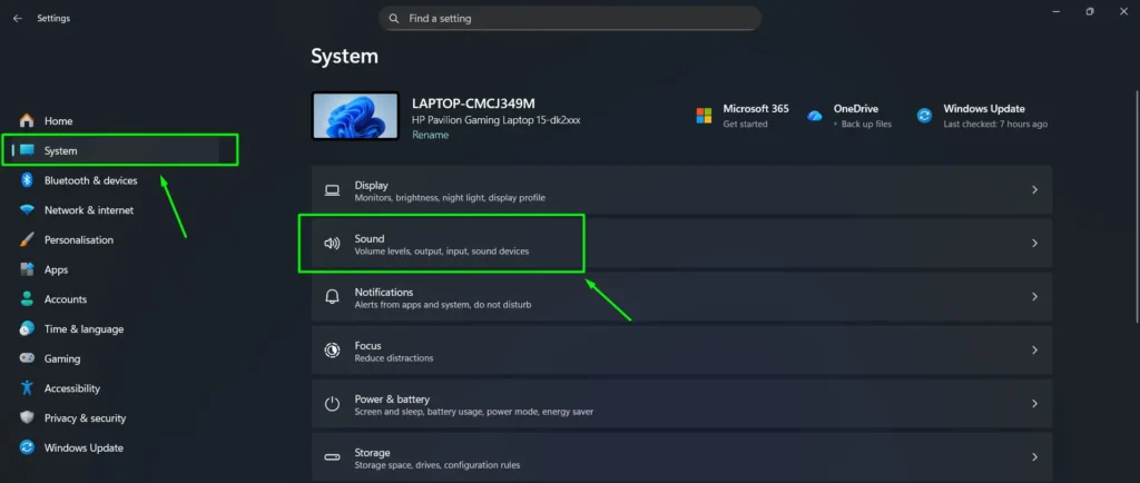 Click System on the left sidebar, then click Sound.
