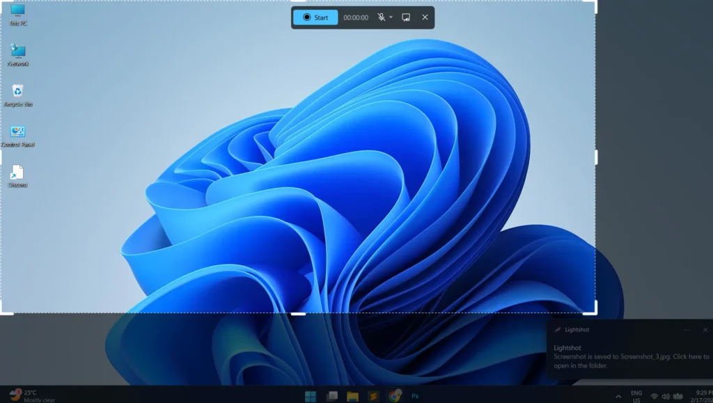 Click and drag across the area to record, or click the window to capture it.