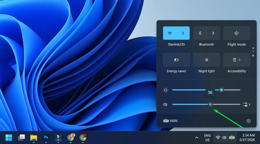 Click and drag the slider left to decrease volume or right to increase it