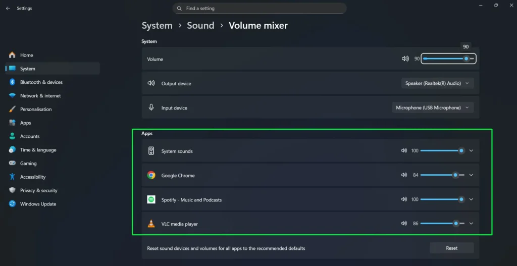 Click and drag the slider next to the app to the left to lower the volume or to the right to raise it
