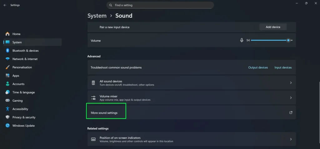 Click on More sound settings at the bottom of the page