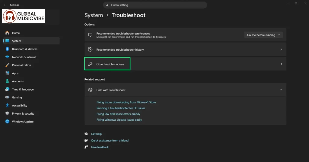 Click on 'Other troubleshooter'