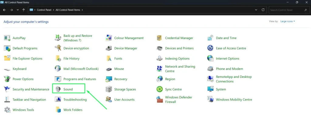 Click on Sound in the Control Panel items
